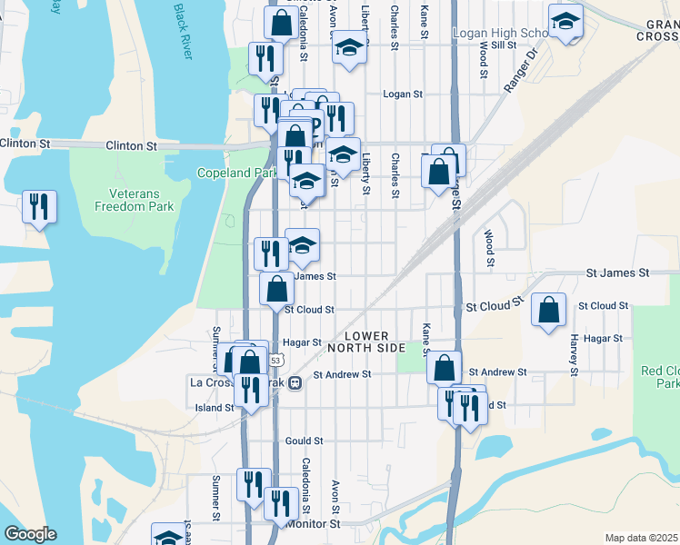 map of restaurants, bars, coffee shops, grocery stores, and more near 914 Avon Street in La Crosse