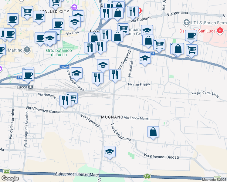 map of restaurants, bars, coffee shops, grocery stores, and more near 481 Via Mario Ingrellini in Lucca