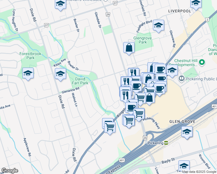 map of restaurants, bars, coffee shops, grocery stores, and more near Bronte Square in Pickering