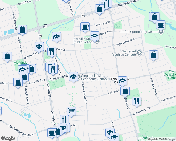 map of restaurants, bars, coffee shops, grocery stores, and more near 5 Daphnia Drive in Vaughan