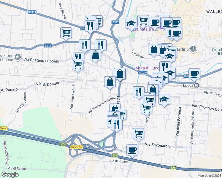 map of restaurants, bars, coffee shops, grocery stores, and more near 170 Via Tagliate di S. Concordio in Lucca