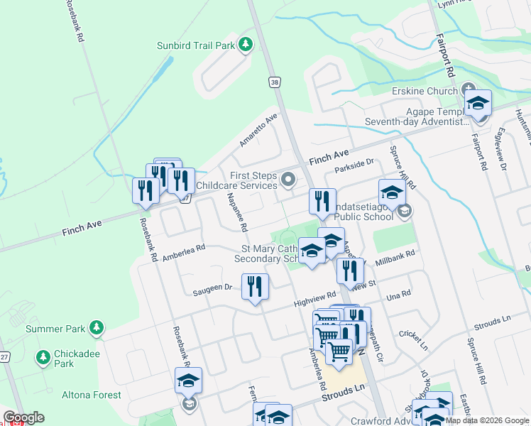 map of restaurants, bars, coffee shops, grocery stores, and more near 1539 Nipissing Court in Pickering