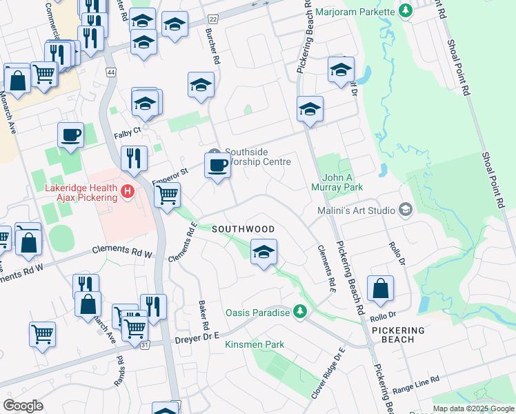 map of restaurants, bars, coffee shops, grocery stores, and more near 89 Hills Road in Ajax