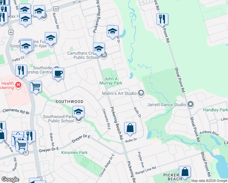 map of restaurants, bars, coffee shops, grocery stores, and more near 14 Rollo Drive in Ajax