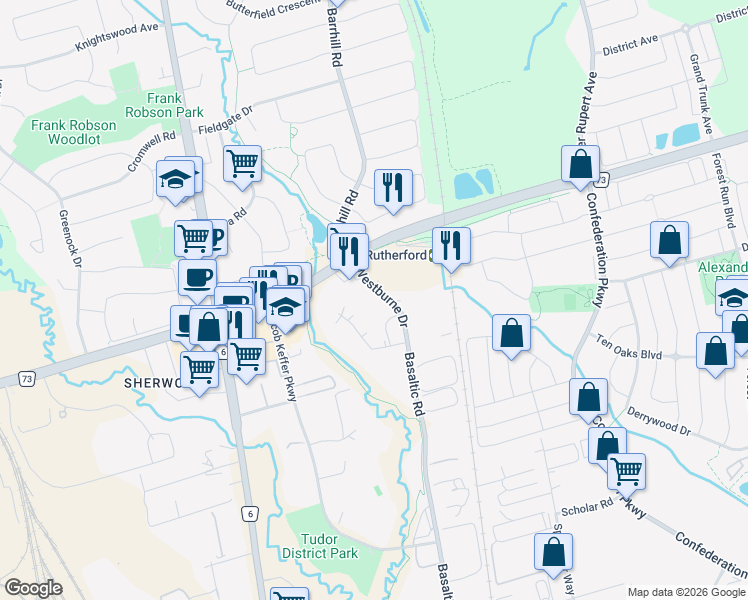 map of restaurants, bars, coffee shops, grocery stores, and more near 696 Westburne Drive in Vaughan