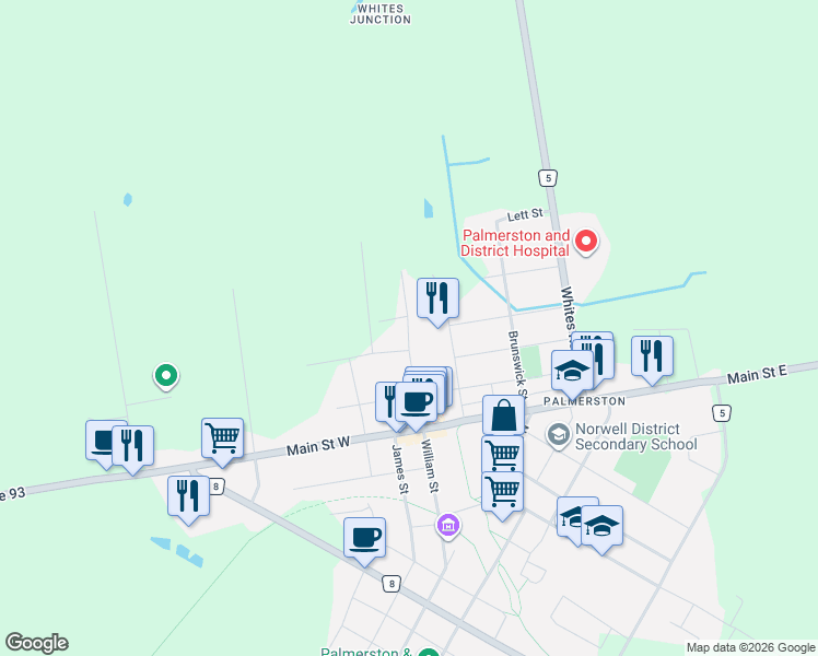 map of restaurants, bars, coffee shops, grocery stores, and more near 352 Jane Street in Palmerston