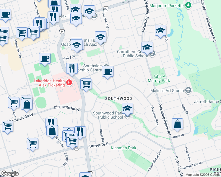 map of restaurants, bars, coffee shops, grocery stores, and more near in Ajax