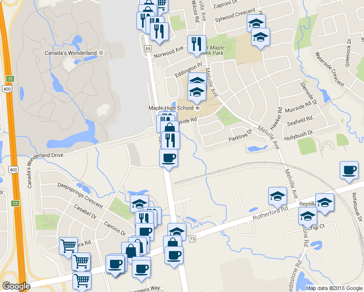 map of restaurants, bars, coffee shops, grocery stores, and more near in Vaughan