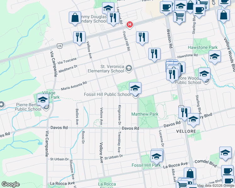 map of restaurants, bars, coffee shops, grocery stores, and more near 124 Kingsview Drive in Vaughan