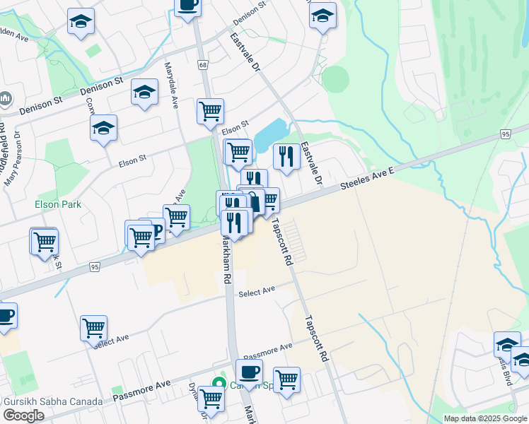 map of restaurants, bars, coffee shops, grocery stores, and more near 6065 Steeles Avenue East in Toronto