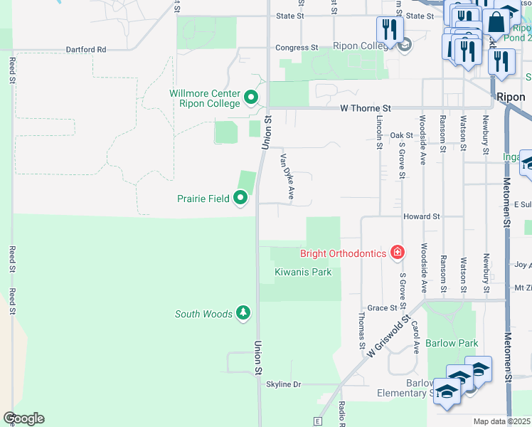 map of restaurants, bars, coffee shops, grocery stores, and more near 799 Hillside Terrace in Ripon