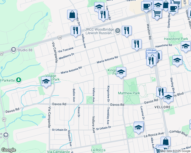 map of restaurants, bars, coffee shops, grocery stores, and more near 301 Vellore Avenue in Vaughan