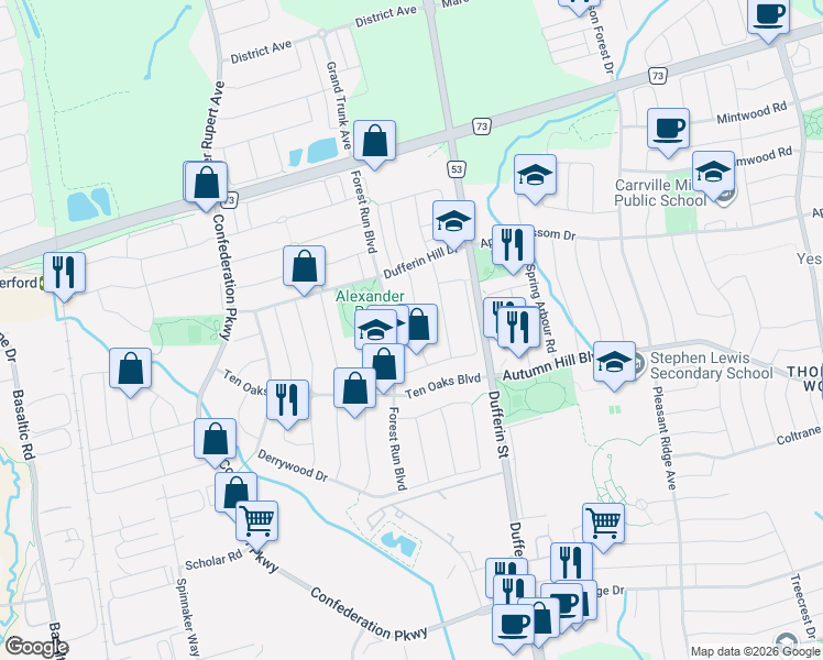 map of restaurants, bars, coffee shops, grocery stores, and more near 60 Harmony Road in Vaughan