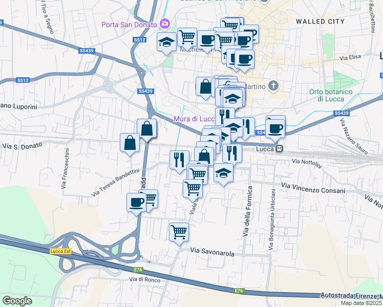 map of restaurants, bars, coffee shops, grocery stores, and more near 156 Traversa Seconda Via Teresa Bandettini in Lucca
