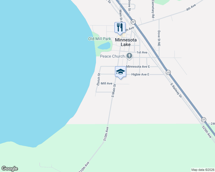 map of restaurants, bars, coffee shops, grocery stores, and more near 11 Mill Avenue in Minnesota Lake