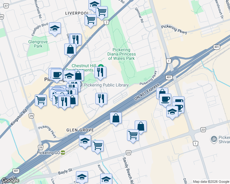 map of restaurants, bars, coffee shops, grocery stores, and more near 1530 Pickering Parkway in Pickering