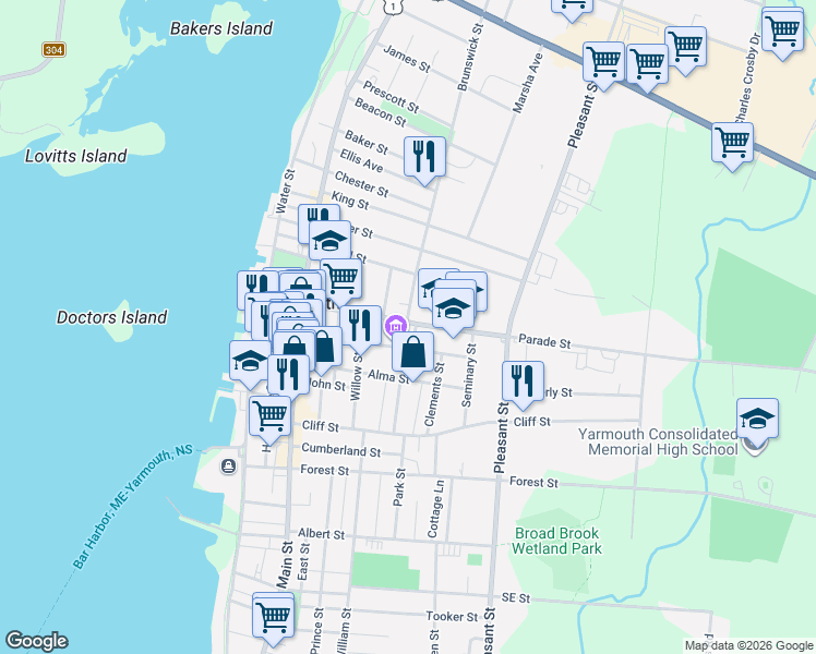 map of restaurants, bars, coffee shops, grocery stores, and more near 33 Parade Street in Yarmouth