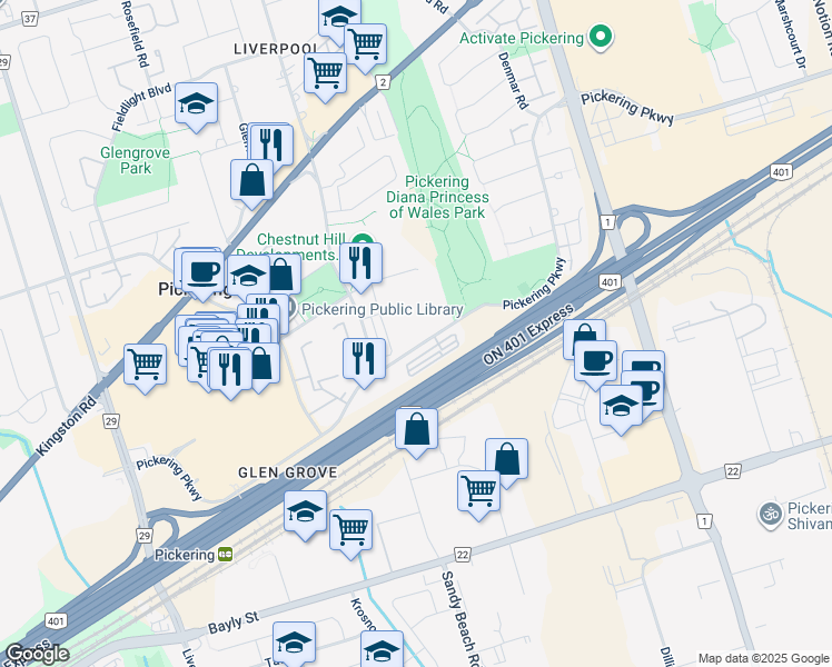 map of restaurants, bars, coffee shops, grocery stores, and more near 1530 Pickering Parkway in Pickering