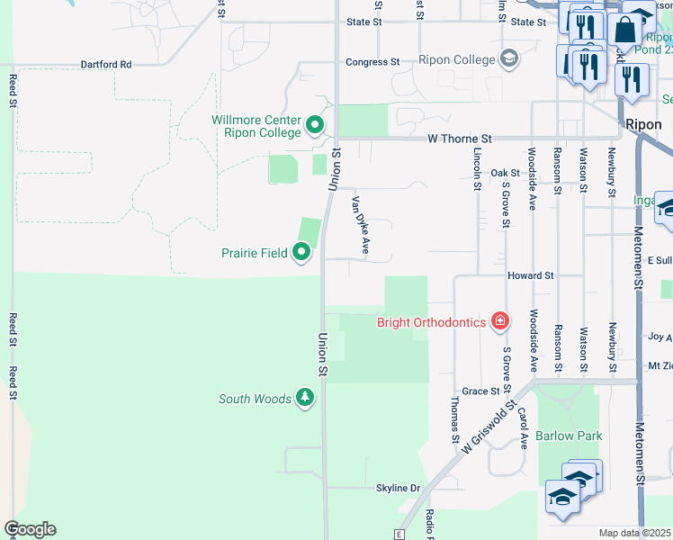 map of restaurants, bars, coffee shops, grocery stores, and more near 799 Hillside Terrace in Ripon