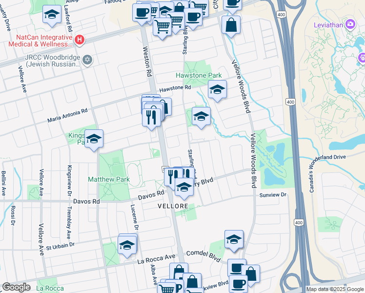 map of restaurants, bars, coffee shops, grocery stores, and more near 128 Daiseyfield Crescent in Vaughan