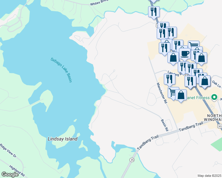 map of restaurants, bars, coffee shops, grocery stores, and more near 5 Upper Basin Road in Windham