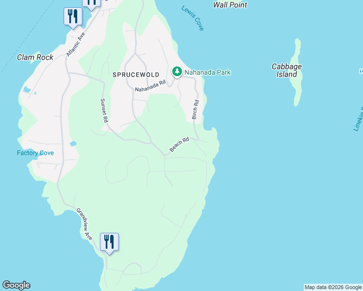 map of restaurants, bars, coffee shops, grocery stores, and more near 5 Beach Road in Boothbay Harbor
