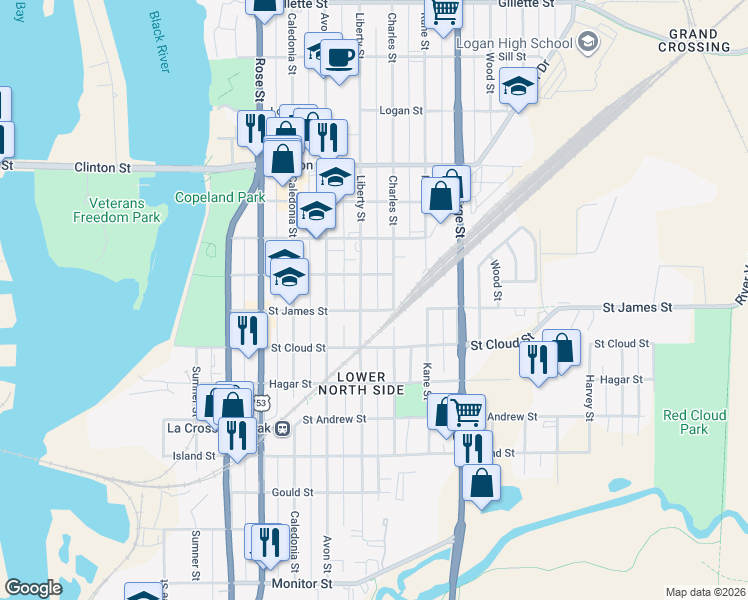 map of restaurants, bars, coffee shops, grocery stores, and more near 916 Liberty Street in La Crosse