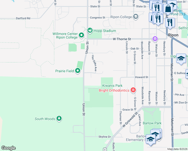 map of restaurants, bars, coffee shops, grocery stores, and more near 719 Hillside Terrace in Ripon