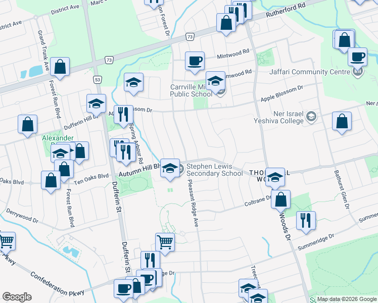 map of restaurants, bars, coffee shops, grocery stores, and more near 26 Daphnia Drive in Vaughan