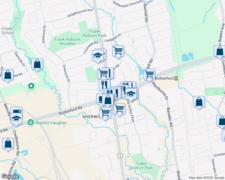 map of restaurants, bars, coffee shops, grocery stores, and more near 2231 Old Rutherford Road in Vaughan