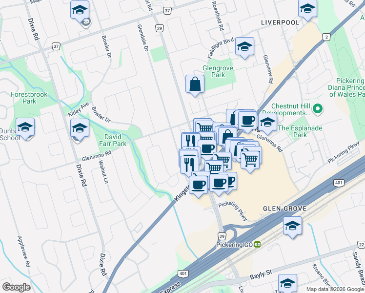 map of restaurants, bars, coffee shops, grocery stores, and more near 1299 Glenanna Road in Pickering