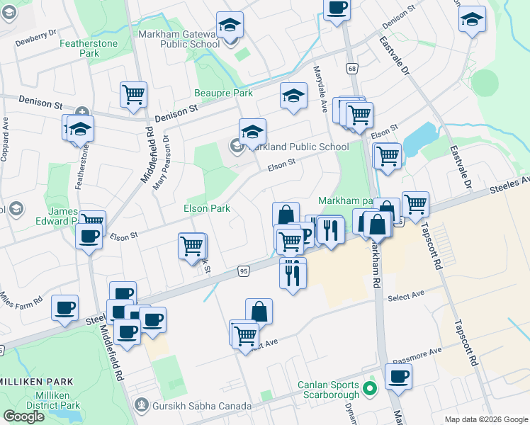 map of restaurants, bars, coffee shops, grocery stores, and more near 137 Irenemount Crescent in Markham