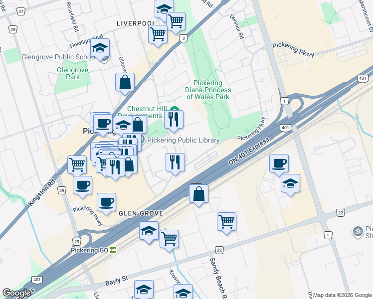 map of restaurants, bars, coffee shops, grocery stores, and more near 1775 Valley Farm Road in Pickering