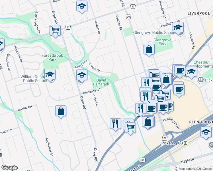 map of restaurants, bars, coffee shops, grocery stores, and more near Glenanna Road in Pickering