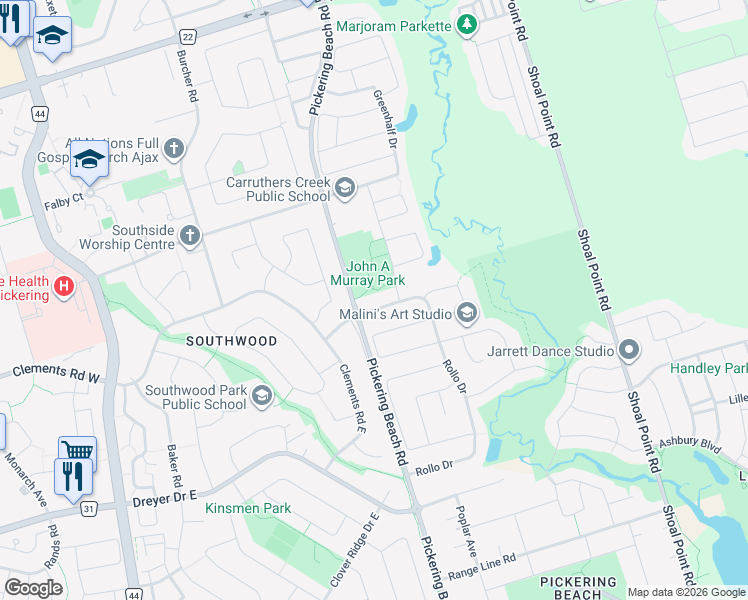 map of restaurants, bars, coffee shops, grocery stores, and more near 19 Rollo Drive in Ajax