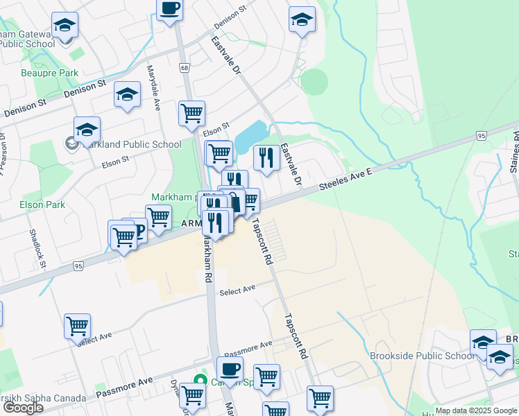 map of restaurants, bars, coffee shops, grocery stores, and more near 6351 Steeles Avenue East in Markham