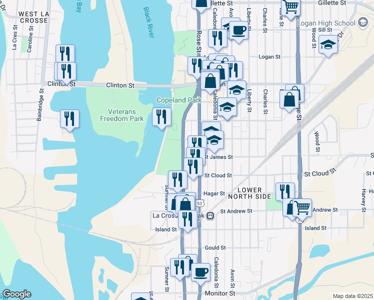 map of restaurants, bars, coffee shops, grocery stores, and more near 912 Copeland Avenue in La Crosse