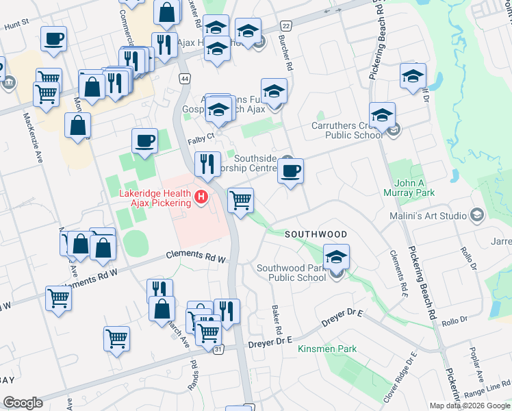 map of restaurants, bars, coffee shops, grocery stores, and more near 153 Simpson Road in Ajax