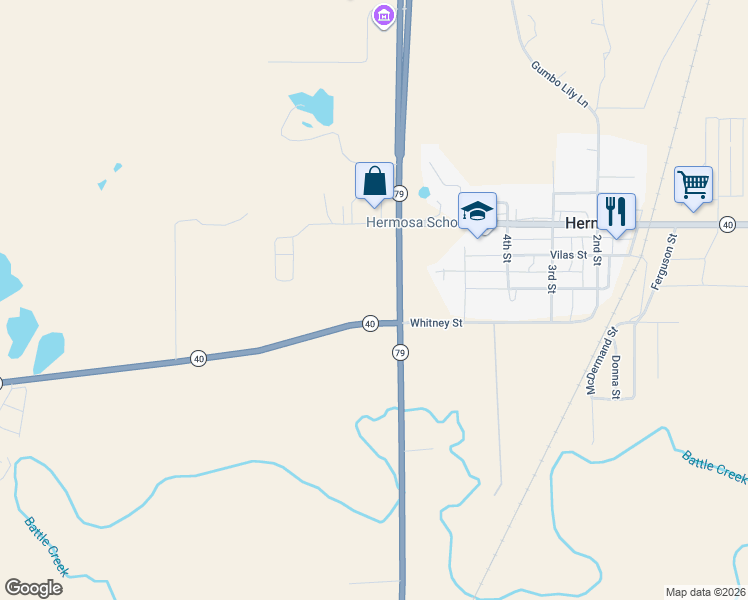 map of restaurants, bars, coffee shops, grocery stores, and more near 24642 South Dakota 79 in Hermosa