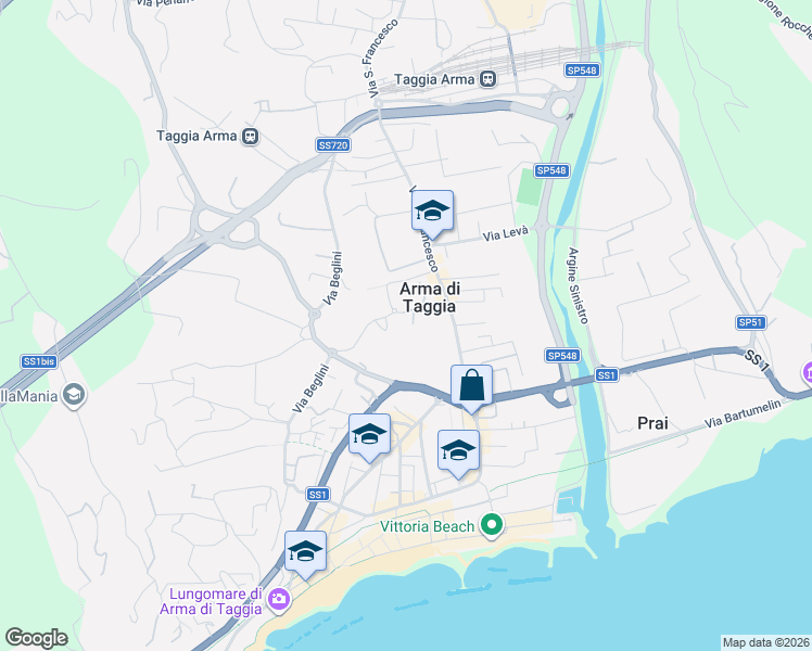 map of restaurants, bars, coffee shops, grocery stores, and more near 127 Via San Francesco in Arma di Taggia