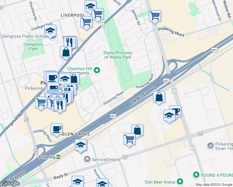 map of restaurants, bars, coffee shops, grocery stores, and more near 1530 Pickering Parkway in Pickering