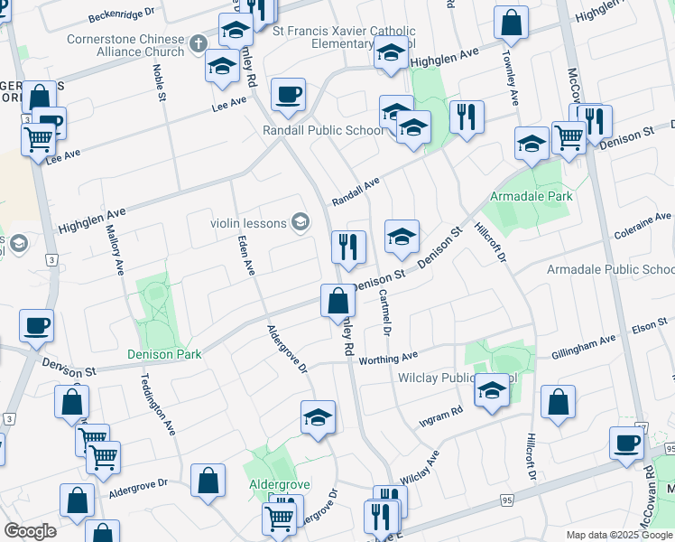 map of restaurants, bars, coffee shops, grocery stores, and more near Brimley Road in Markham