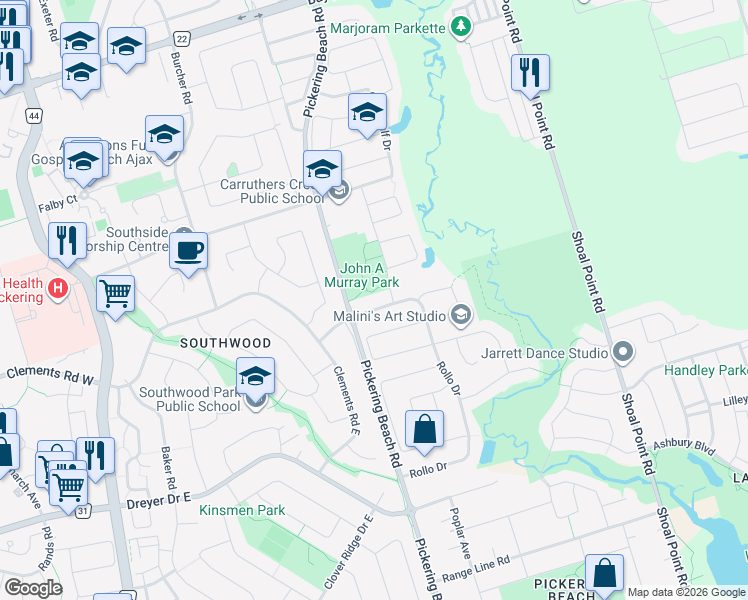 map of restaurants, bars, coffee shops, grocery stores, and more near 19 Rollo Drive in Ajax