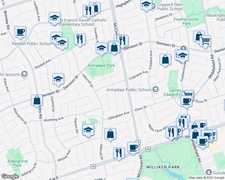 map of restaurants, bars, coffee shops, grocery stores, and more near 119 Hertford Crescent in Markham