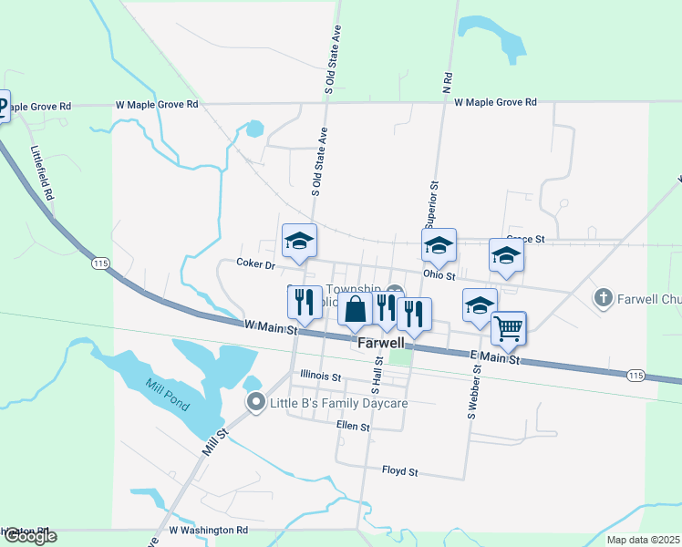 map of restaurants, bars, coffee shops, grocery stores, and more near 275 Ohio Street in Farwell