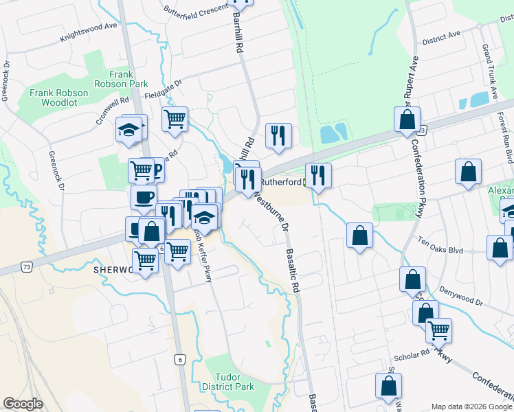 map of restaurants, bars, coffee shops, grocery stores, and more near 694 Westburne Drive in Vaughan