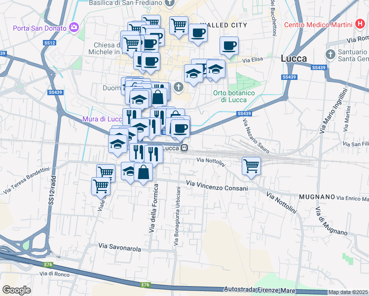 map of restaurants, bars, coffee shops, grocery stores, and more near 169 Viale Camillo Benso Cavour in Lucca