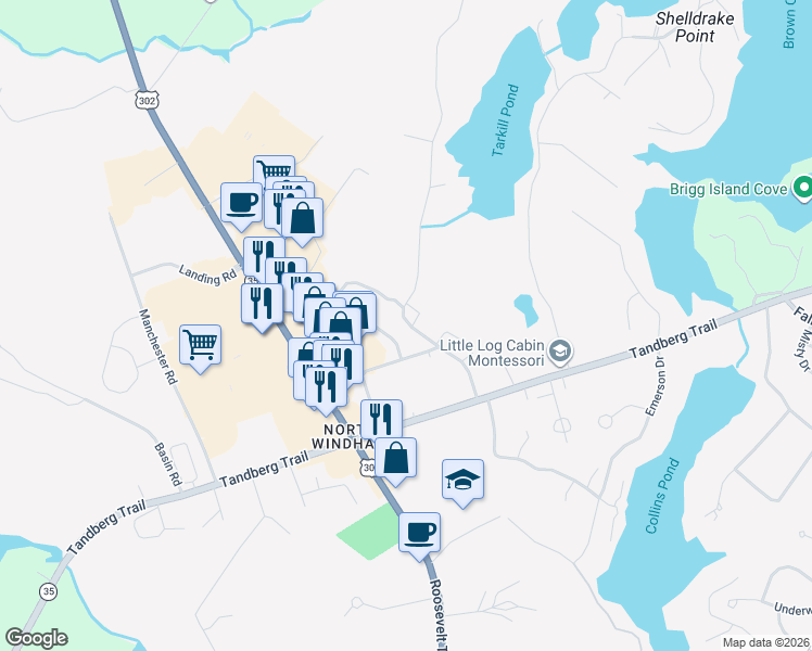 map of restaurants, bars, coffee shops, grocery stores, and more near 32 Sand Bar Road in Windham