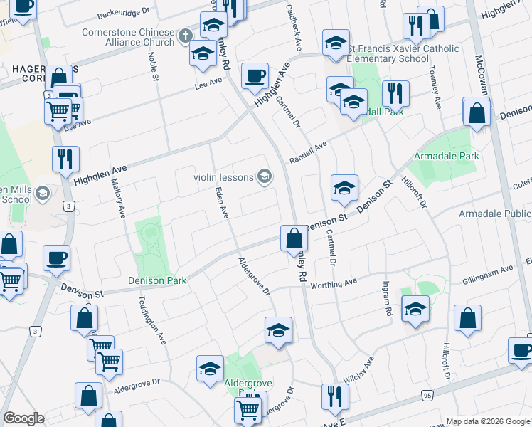 map of restaurants, bars, coffee shops, grocery stores, and more near 25 Vickers Road in Markham