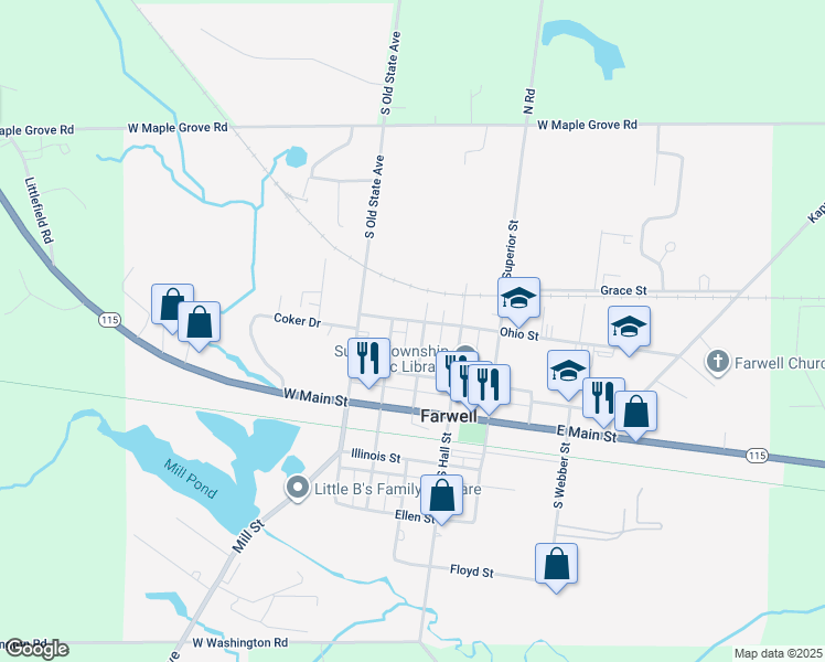 map of restaurants, bars, coffee shops, grocery stores, and more near 275 Ohio Street in Farwell